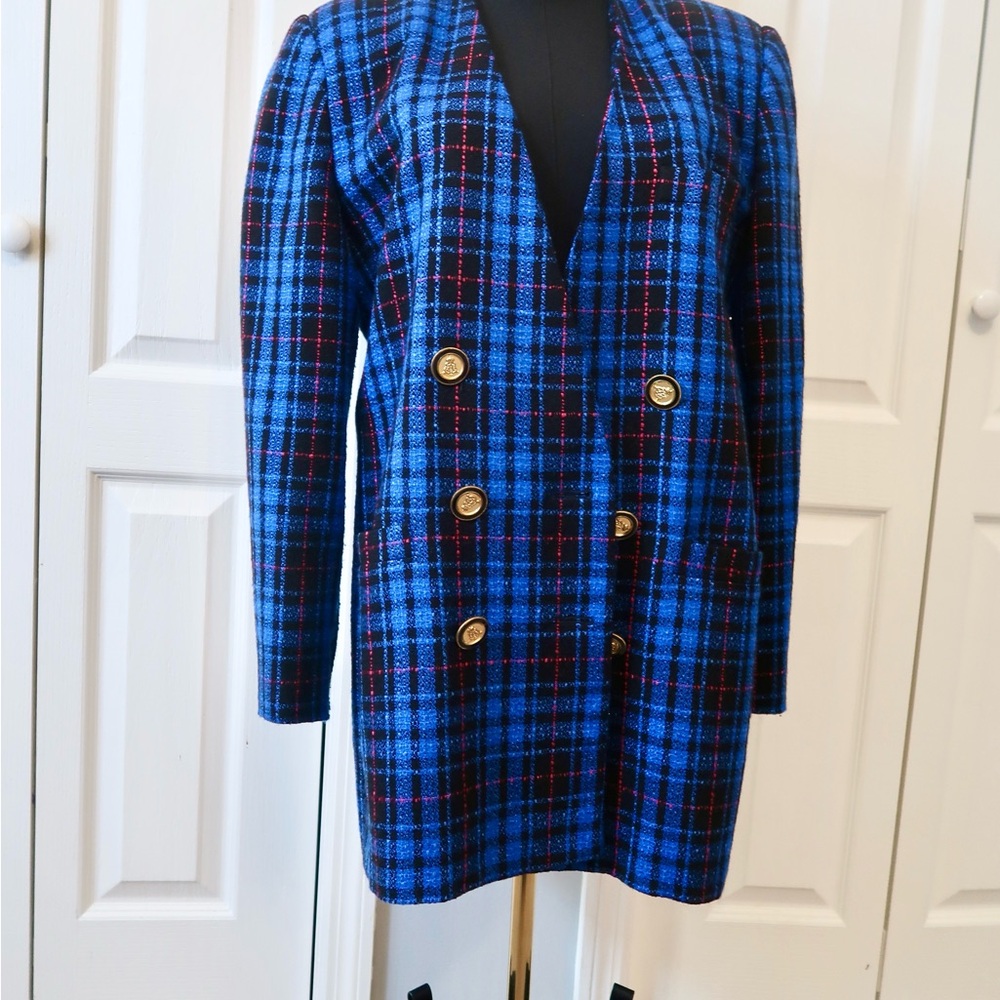 Worthington Blue and Black Plaid Double-Breasted Blazer